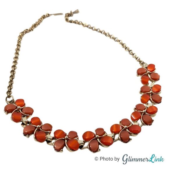 Vintage Red Orange Lucite Thermoset Floral Gold Tone Necklace - Picture 1 of 7